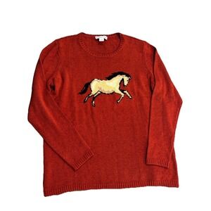 Coldwater Creek Horse Intarsia Sweater Rust Orange Cotton Blend Womens XS